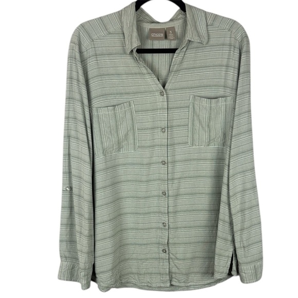 Chico's Casual Gray Striped Roll Up Sleeve Button-Up Blouse Size 3 - Picture 1 of 10